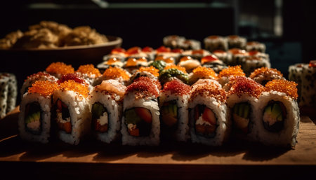 Healthy eating with fresh seafood, sushi, and Japanese cultures variation generated by artificial intelligenceの素材