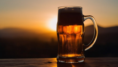 Frothy yellow beer in gold pint glass on wooden table generated by artificial intelligenceの素材