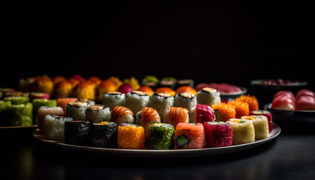 Gourmet seafood plate with fresh fish, maki sushi, and nigiri generated by artificial intelligenceの素材