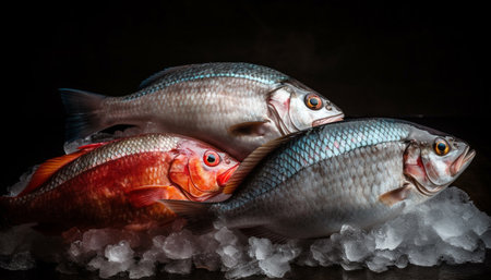 Fresh seafood catch of fish, healthy gourmet meal, underwater animal eye generated by artificial intelligenceの素材