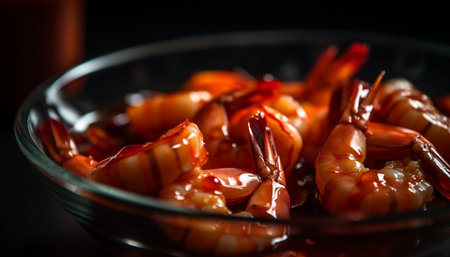 Grilled seafood skewer, a gourmet appetizer with fresh prawns generated by artificial intelligenceの素材