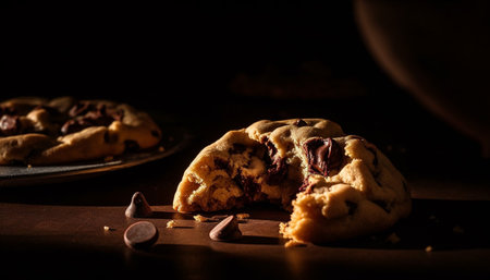 Freshly baked chocolate chip cookies on rustic wooden plate indoors generated by artificial intelligenceの素材
