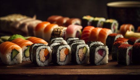 Gourmet seafood meal with fresh rolled up maki sushi plate generated by artificial intelligenceの素材