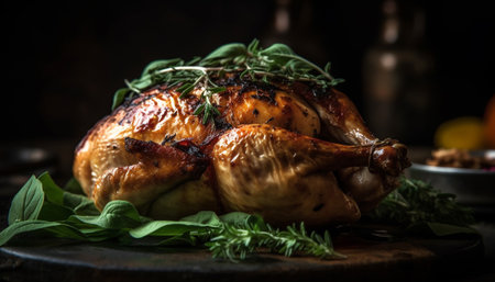 Grilled chicken and turkey meat with herb spice on rustic table generated by artificial intelligenceの素材