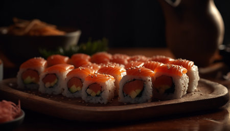 Fresh seafood plate with rice, avocado, and maki sushi rolls generated by artificial intelligenceの素材