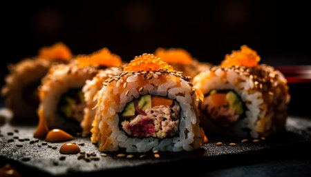 Fresh seafood meal on plate sushi, sashimi, nigiri, and fish generated by artificial intelligenceの素材