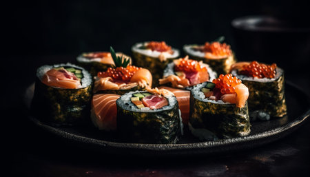 Fresh seafood meal on plate, close up of rolled up maki sushi generated by artificial intelligenceの素材