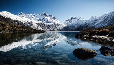 Tranquil scene of snowcapped mountain peak reflected in icy water generated by artificial intelligenceの素材