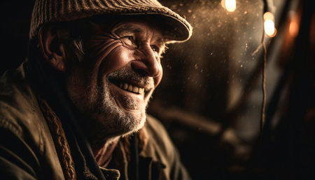 Smiling senior man enjoys nature in winter, looking confident outdoors generated by artificial intelligenceの素材