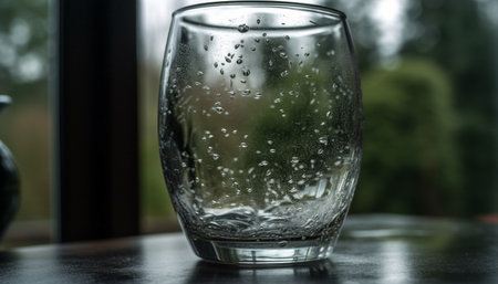 Transparent glass of fresh purified water with dew drops generated by artificial intelligenceの素材