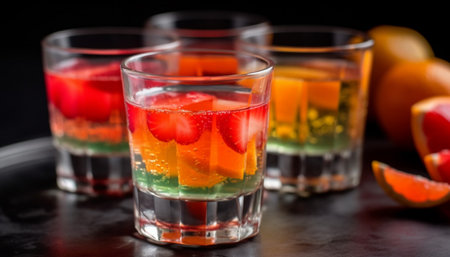 Fresh fruit cocktail in drinking glass on wooden table at bar generated by artificial intelligenceの素材