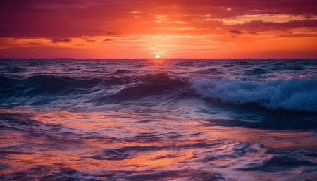 Tranquil seascape at dusk, dramatic sky reflects multi colored sunset generated by artificial intelligenceの素材