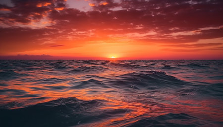 Tranquil sunset seascape reflects multi colored beauty of nature horizon generated by artificial intelligenceの素材