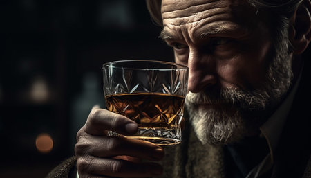 Caucasian man holding brandy snifter in dark bar establishment generated by artificial intelligenceの素材