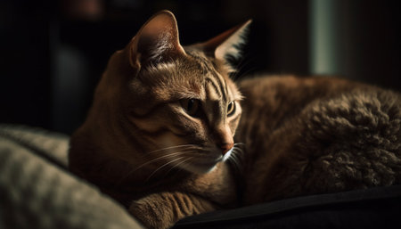 Fluffy kitten resting on sofa, staring with yellow eyes generated by artificial intelligenceの素材