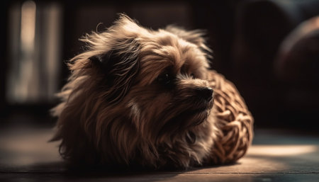 Fluffy purebred terrier sitting comfortably, looking charmingly at camera indoors generated by artificial intelligenceの素材