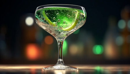 Refreshing cocktail with lime and fruit in a martini glass generated by artificial intelligenceの素材