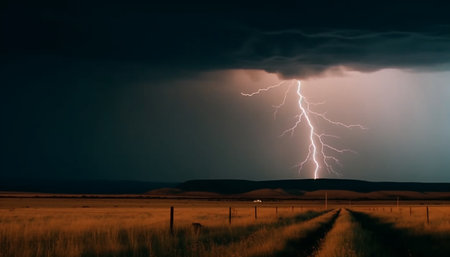 Electricity illuminates the dark, dramatic sky over the rural landscape generated by artificial intelligenceの素材