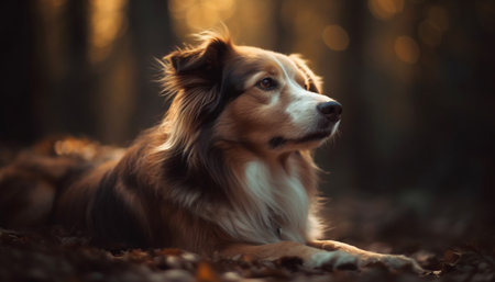Purebred shetland sheepdog and australian shepherd play in autumn forest generated by artificial intelligenceの素材