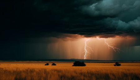 Dramatic sky over rural landscape, storm cloud threatens power supply generated by artificial intelligenceの素材