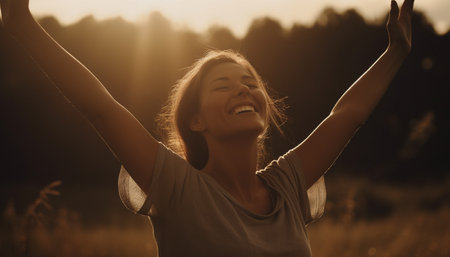 One woman standing in nature, arms raised in celebration generated by artificial intelligenceの素材