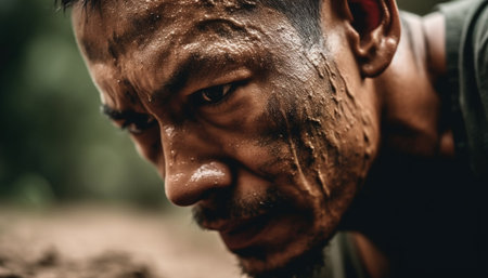 Serious determination on the face of a wet, muddy man generated by artificial intelligenceの素材