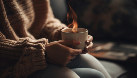 One woman holding coffee cup, enjoying cozy winter relaxation generated by artificial intelligenceの素材