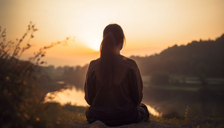 A serene silhouette meditating in tranquil nature, enjoying solitude and relaxation generated by artificial intelligenceの素材