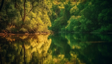 Tranquil scene of autumn forest reflects vibrant colors in pond generated by artificial intelligenceの素材