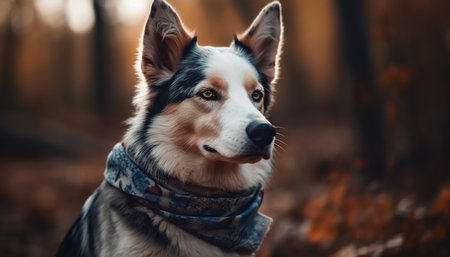 Purebred sheepdog and terrier sit in autumn forest, playful and loyal generated by artificial intelligenceの素材