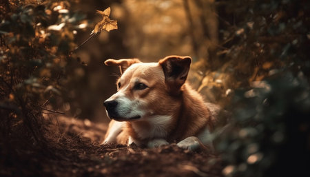Cute purebred puppy sitting in grass, looking at autumn forest generated by artificial intelligenceの素材