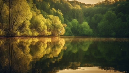 Majestic mountain range reflects tranquil scene of autumn wilderness area generated by artificial intelligenceの素材