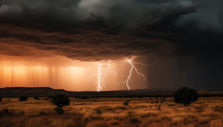 Dramatic sky with storm cloud and lightning illuminates rural landscape generated by artificial intelligenceの素材