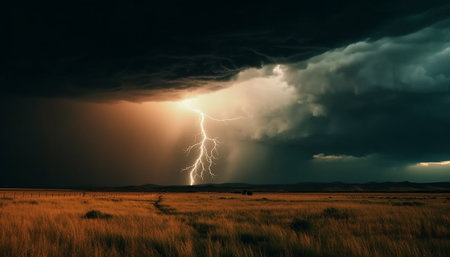 Dramatic sky over rural landscape, danger of thunderstorm at night generated by artificial intelligenceの素材