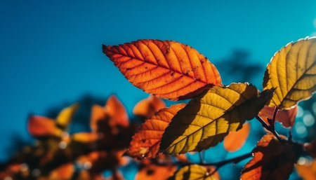 Vibrant autumn forest with multi colored leaves in close up focus generated by artificial intelligenceの素材