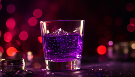 Close up of wet, illuminated cocktail glass in bright bar background generated by artificial intelligenceの素材