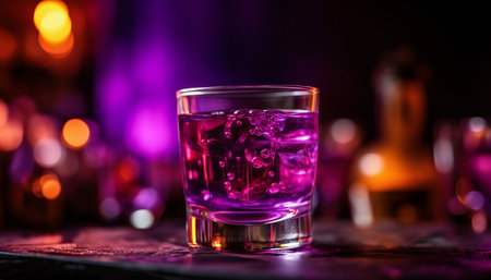 Nightclub celebration with whiskey cocktail, ice and purple illumination generated by artificial intelligenceの素材