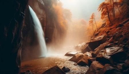Tranquil scene of majestic mountain, flowing water, and lush forest generated by artificial intelligenceの素材