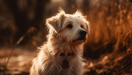 Cute puppy sitting in grass, looking at camera with loyalty generated by artificial intelligenceの素材
