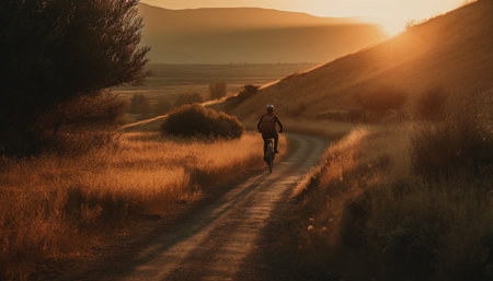 Mountain biking men enjoy outdoor adventure on dirt road trail generated by artificial intelligenceの素材