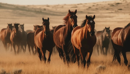 Running stallion grazes in tranquil meadow at sunset on ranch generated by artificial intelligenceの素材