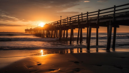 Tranquil sunset over water, sand and coastline Nature beauty reflected generated by artificial intelligenceの素材