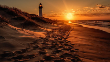 Tranquil sand dune reflects beauty in nature at sunset generated by artificial intelligenceの素材