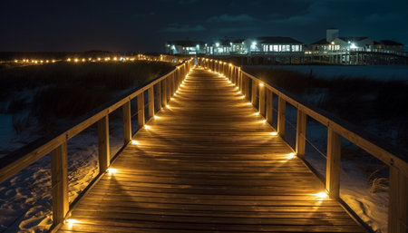 A tranquil seascape illuminated by street lights and lanterns generated by artificial intelligenceの素材