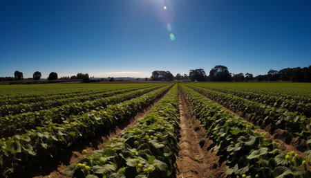 Green meadow growth, fresh organic food, tranquil sunset over vineyard generated by artificial intelligenceの素材