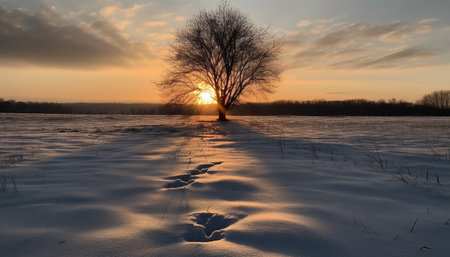 Lonely tree stands in frozen meadow, beauty in nature twilight generated by artificial intelligenceの素材
