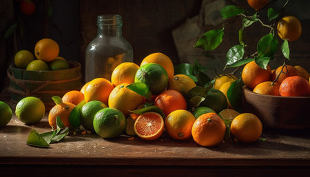 Vibrant citrus fruits on rustic table, perfect for healthy eating generated by artificial intelligenceの素材