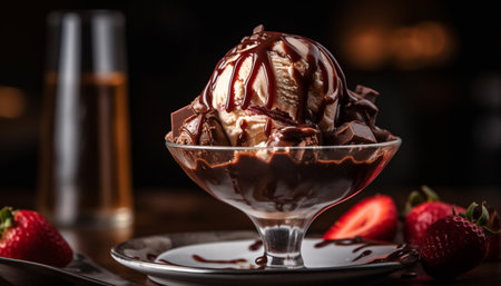 Indulgent homemade ice cream sundae with dark chocolate sauce and berries generated by artificial intelligenceの素材