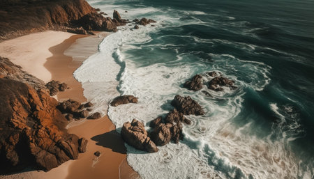 Tranquil seascape beauty in nature horizon over water, wet sand generated by artificial intelligenceの素材