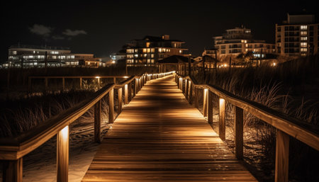 Illuminated bridge reflects on tranquil water in the dusk twilight generated by artificial intelligenceの素材